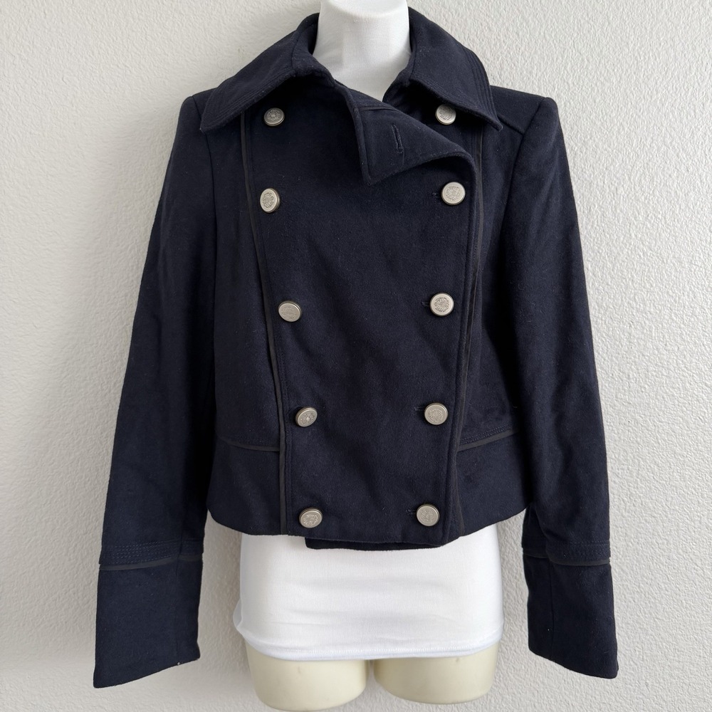 ZARA Women's Medium Military Peacoat Navy Double Breasted Cropped Jacket Wool